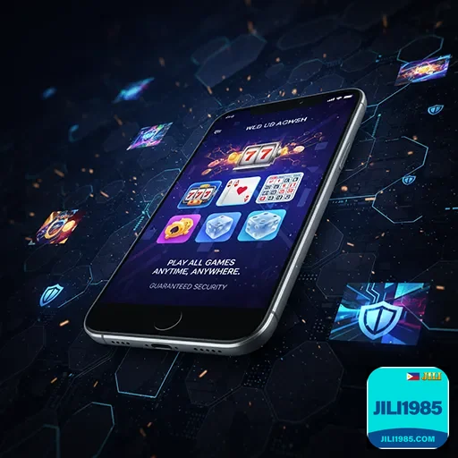 Mobile casino gaming app interface with colorful slot games on screen, branded with jili1985