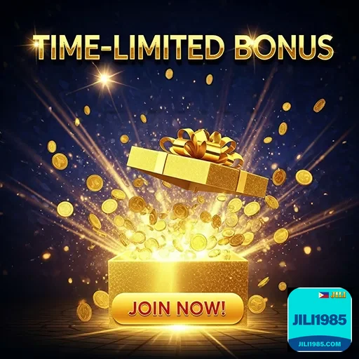 Colorful online casino bonus banner with spinning reels and coins on jili1985