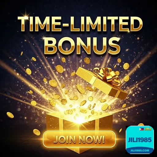 Colorful online casino bonus promotion banner with coins and flashing lights on jili1985